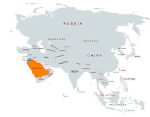 Map Highlighting Saudi Arabia and jordan Among Asian Countries