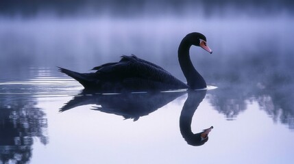 Fototapeta premium Graceful Black Swan Swimming in Misty Lake