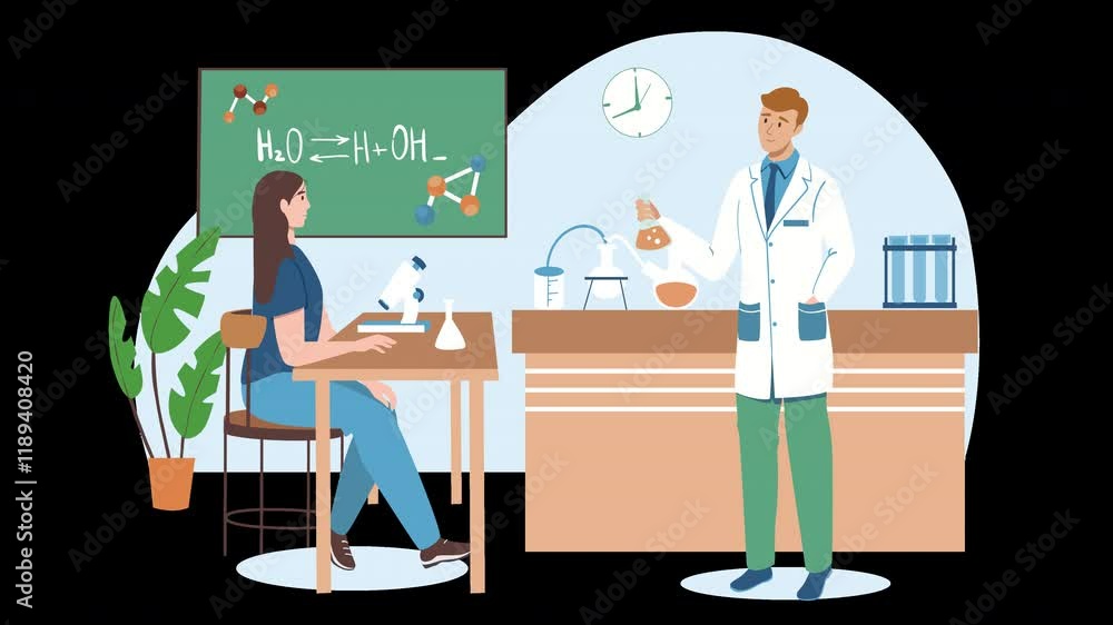 Poster a scene depicting a european scientist explaining chemistry concepts to a student in a laboratory se