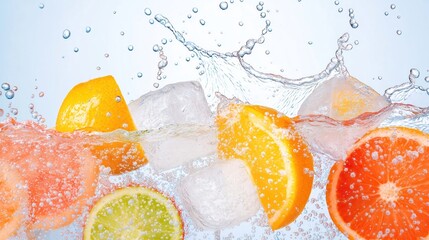 Fresh citrus fruits slices, ice cubes create refreshing summer drink image. Vibrant colors of oranges lemons, limes mix with splashing water. Ice cubes make cold, refreshing scene. Perfect for drinks