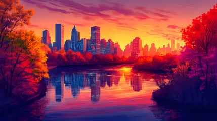Fototapeta premium A vibrant sunset over a city skyline, with colorful trees and a winding river reflecting the warm hues of the evening sky. Duskfall. Illustration