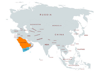 Map Highlighting Saudi Arabia and yamen Among Asian Countries