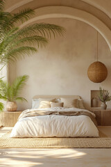 A bedroom with a bed and a palm tree in the corner