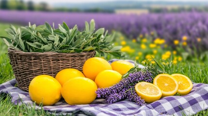 Scenic Lavender Field with Lemons and Herbs in Basket