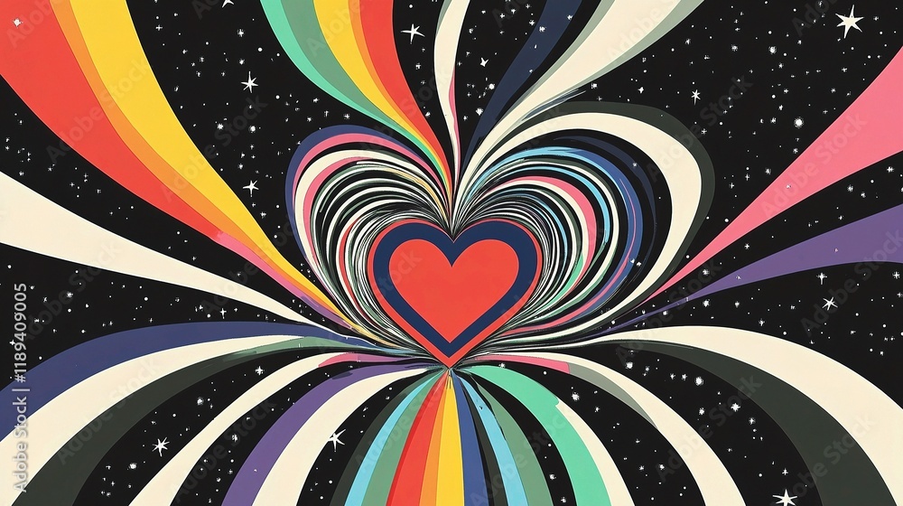 Poster colorful heart shape with monochrome background and dynamic lines