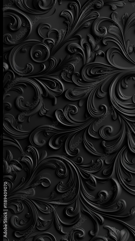 Poster a close-up view of an intricate black floral pattern with swirling designs and raised textures, crea