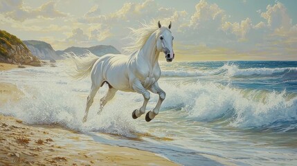 Fototapeta premium Elegant White Horse Running Along Seashore