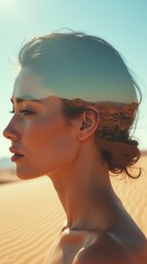 Double Exposure Of A Woman&#X27;S Head With Desert Landscape In The Background