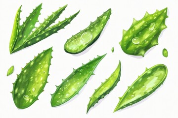 aloe vera plant leaves with water droplets on a white background