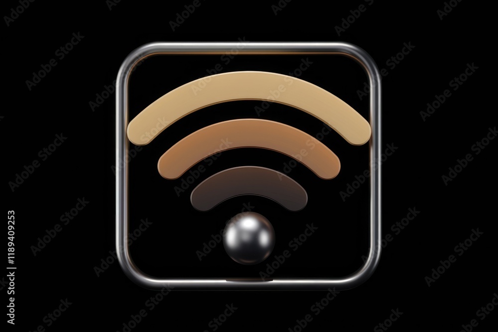 Poster A 3D render of a stylized Wi-Fi signal icon with a metallic frame and gradient colors.