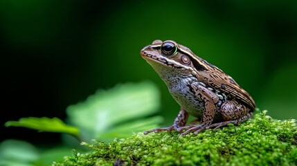 Fototapeta premium A frog sitting on top of a moss covered rock