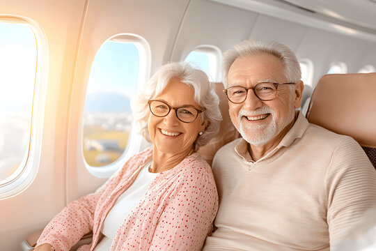 Happy Elderly European Couple in Airplane