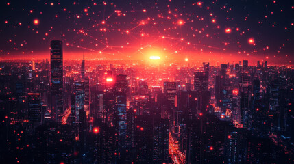 Fototapeta premium A futuristic cityscape at sunset with a network of glowing red lights and connections in the sky, creating a cyberpunk atmosphere