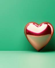 shiny metallic heart with pink glow against vibrant green background