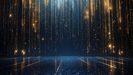 Golden Rays Descending on a Midnight Blue Stage with Magical Sparkling Atmosphere