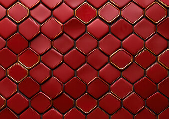 Bold red metallic tiles with golden edges create luxurious geometric pattern