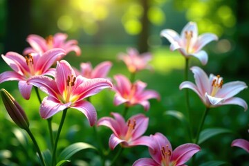 Obraz premium Pink and white lilies in a lush garden amidst greenery, blossoms, nature, petals
