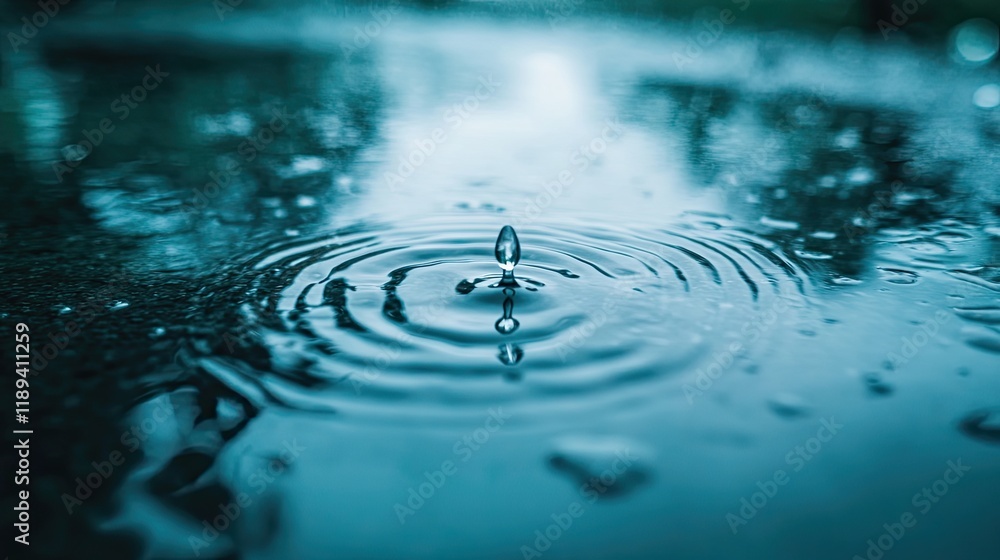 Poster close-up of raindrop landing in puddle creating ripples under soft natural light