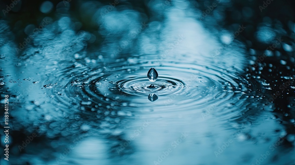 Poster close-up of raindrop landing in puddle creating ripples under soft natural light