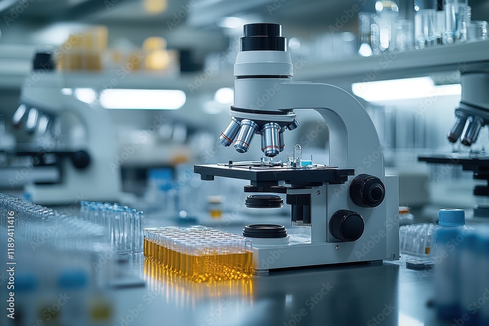 Poster a laboratory setting with a microscope and test tubes for scientific research.