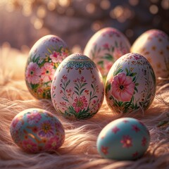 intricately painted easter eggs with stunning floral detail in close up shot generative ai