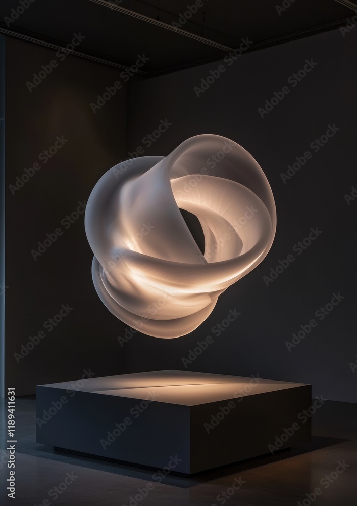 Poster photograph of an abstract sculpture in an empty room. the sculpture is made up of a series of curved