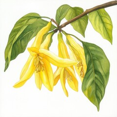 A cluster of bright yellow flowers grows from a slender branch, surrounded by greenery