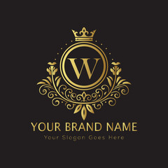 Fototapeta premium Letter Luxury brand logo design with a royal gold crown emblem and elegant typography 