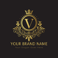 Letter Luxury brand logo design with a royal gold crown emblem and elegant typography
