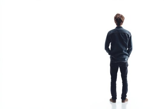 person in denim shirt standing facing away