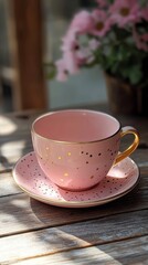 Elegant pink cup and saucer with gold accents resting on rustic wooden surface