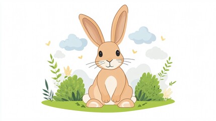 Adorable Wild Rabbit in Natural Habitat Amid Bushes and Clouds