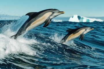 Fototapeta premium Two dolphins leaping from the ocean, capturing a moment of playfulness and freedom
