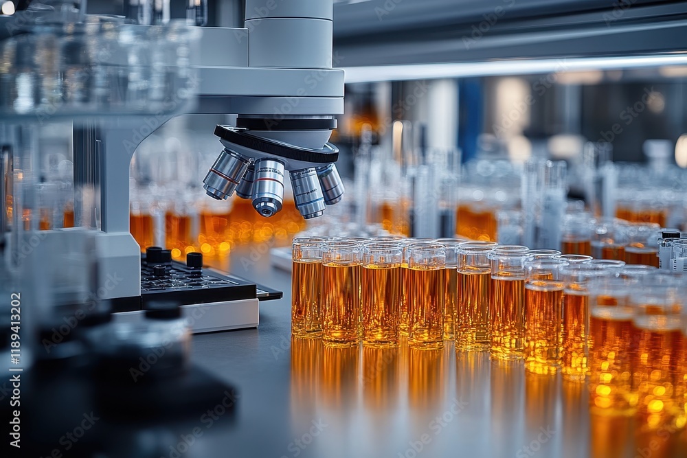 Poster laboratory setting with orange liquid samples and a microscope.