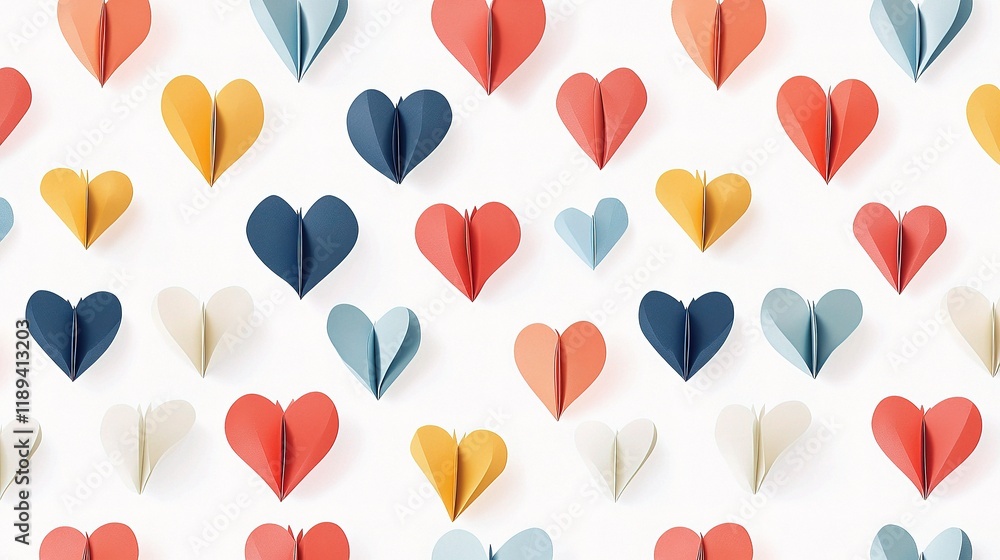Poster colorful paper hearts in a seamless pattern on a pristine background