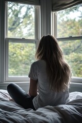 A woman sits on a bed, gazing out the window, lost in thought