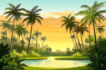 Fototapeta premium Tropical landscape with tall palm trees against the backdrop of sunset or sunrise. A pond with lush greenery, many palm trees of different sizes and blue sky trees. 
