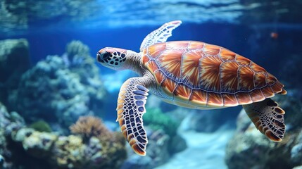 Fototapeta premium A turtle swims in an aquarium surrounded by colorful corals