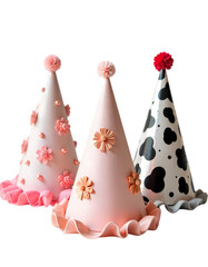 Adorable Pink and Cow Print Party Hats with Flowers Festive Birthday Decorations fun cute cone kids 