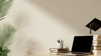 Fototapeta premium A minimalist study space featuring a laptop, books, and a graduation cap.