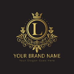 Letter Luxury brand logo design with a royal gold crown emblem and elegant typography
