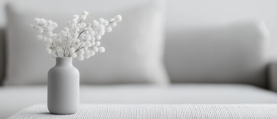 White vase with small white flowers in it sitting on a white couch. the vase is made of ceramic and has a round shape with a narrow neck and a narrow opening at the top.