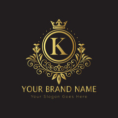 Letter Luxury brand logo design with a royal gold crown emblem and elegant typography
