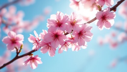 Fototapeta premium Beautiful pink cherry blossoms blooming in sunlit springtime sky