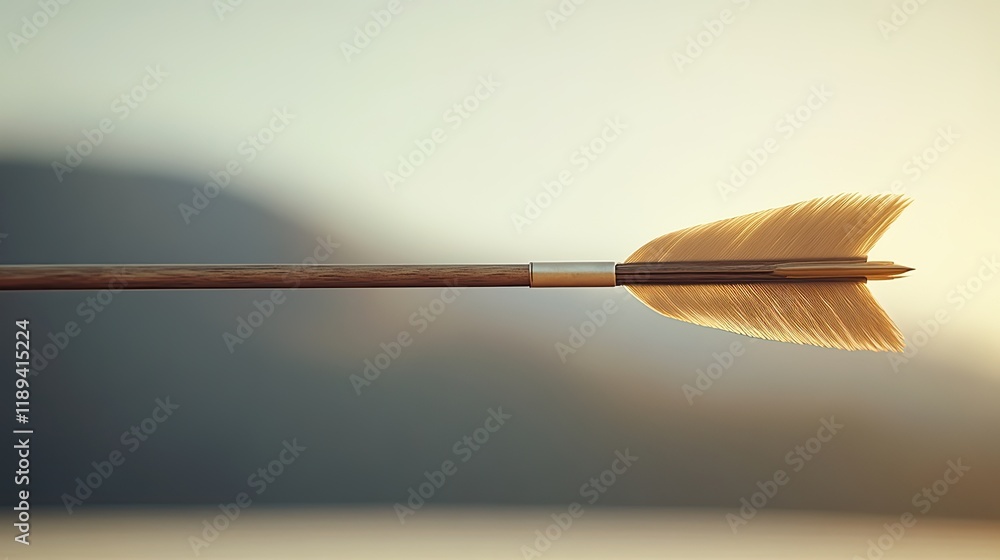 Poster close-up of arrow mid-flight toward target feathers detailed with range softly blurred behind