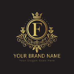 Letter Luxury brand logo design with a royal gold crown emblem and elegant typography
