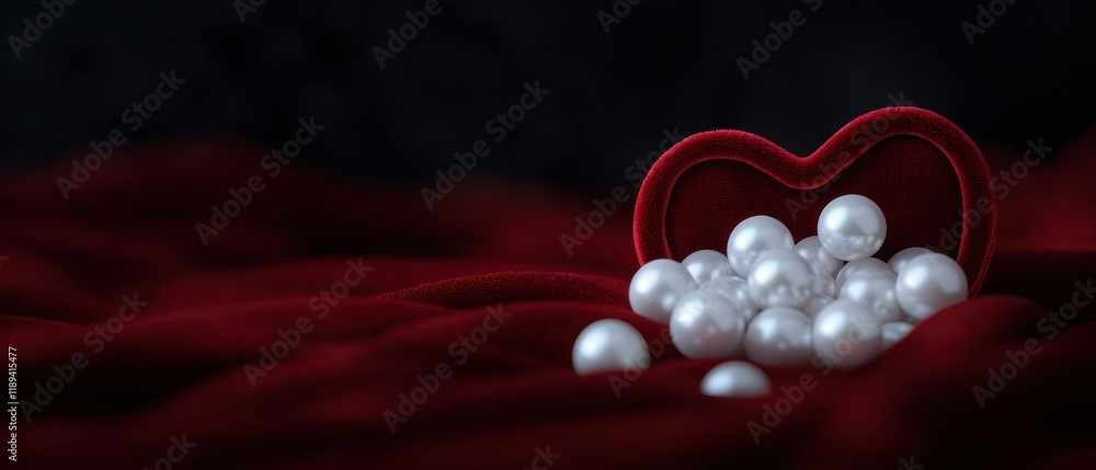 Poster Close-up of a red heart-shaped box with a small amount of white pearls inside. the box is placed on a dark red fabric with a ruffled texture.