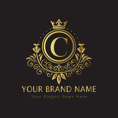 Letter Luxury brand logo design with a royal gold crown emblem and elegant typography
