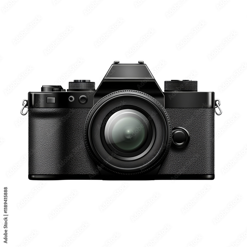 Poster the image shows a black digital slr camera with a large lens, ready to capture photos.
