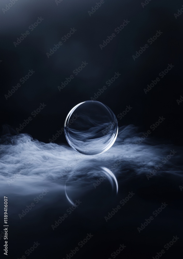 Poster digital art piece that appears to be a photograph of a sphere floating in the air. the sphere is tra